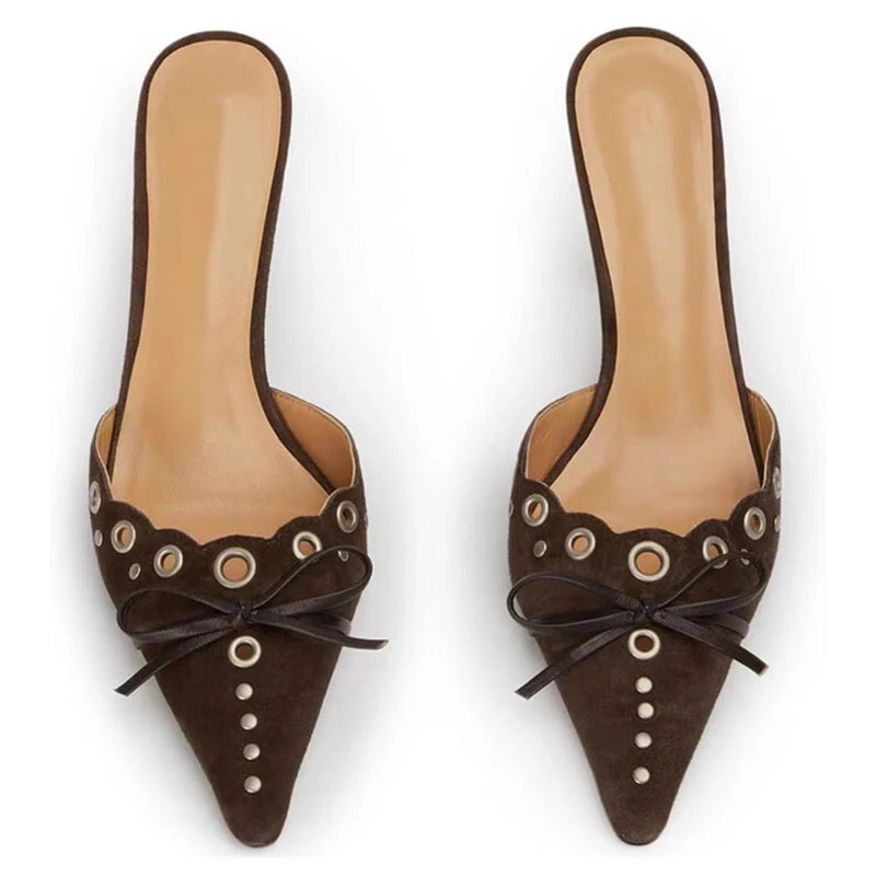 Fashion rivet pointed toe women mules low thin heel slip on women heels